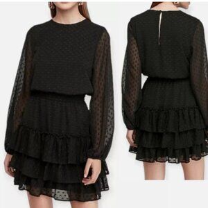 Express black dress with polka dot‎ sparkle accents tiered ruffle long sleeve L